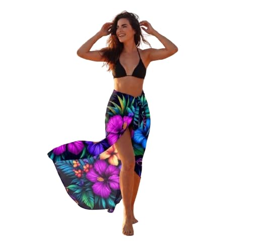 Beach Sarong Wrap for Women, Tropical Hibiscus Floral Printed Bikini Swimsuit Cover Up, Elegant Long Chiffon Swimwear Skirt, Hawaiian Summer Resort and Vacation Wrap Dress Multicolour-image-7