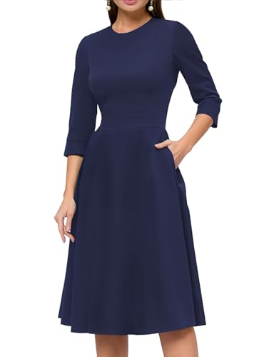 Image of Simple Flavor Womens Floral Vintage Midi Dress 3 /4 Sleeve | with pockets, Fit and flare aline, Knee-length, Church, Semi-formal, Wedding guest, Retro tea party & derby outfits
