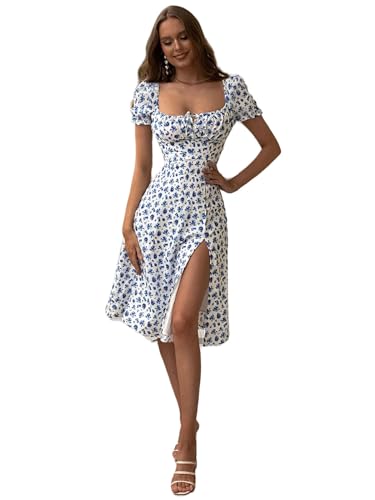 Floerns Women's Milkmaid Floral Print Puff Sleeve Square Neck Slit Hem Midi Dress Blue and White M