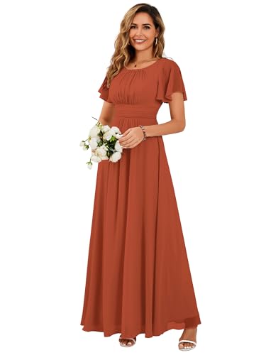 Ever-Pretty Robes de Demoiselle d'honneur Col Rond Manches Longue Grand Taille Robe Soirée Femme Longue Orange Caramel 46