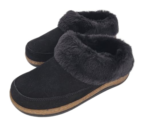 Clarks Womens Slipper Suede Leather Scuff Toe - Plush Faux Fur Collar/Lined With A Cork Midsole - Open Back Indoor Outdoor House Slippers For Women (Black US 9)2