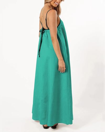 Image of Senllen Women's Linen Dress Summer Loose Flowy Sundress Contrast Spaghetti Strap Sleeveless Backless Beach Maxi Long Dresses