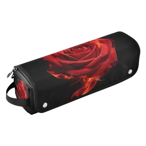 Bolsa de viaje para herramientas de cabello y tapete resistente al calor con cremallera organizador para planchas, rizadores y alisadores, rosa rojo artístico con negro fuego para mujer