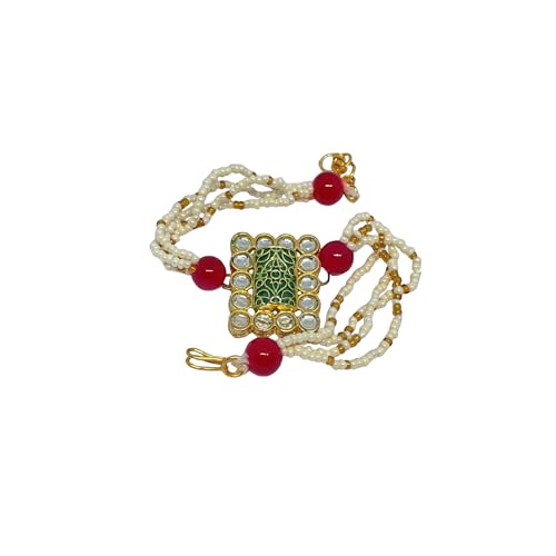 Image of Traditional Kundan Bracelet with Pearl Beads, Red Stone Accents, Green Enamel Centerpiece, Gold Tone