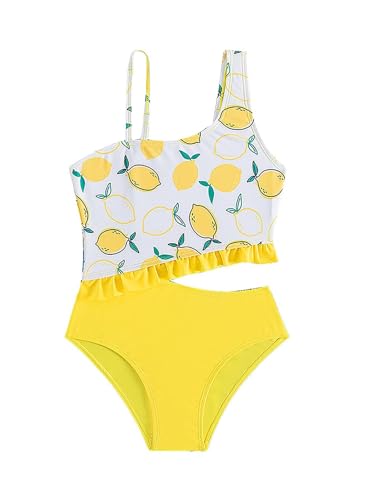 Yhong Traje de baño de una pieza para niña con volantes, traje de baño de una pieza con tirantes finos, para niños, verano, estampado dulce de moda, traje de baño de una pieza, Amarillo, 146/152 cm