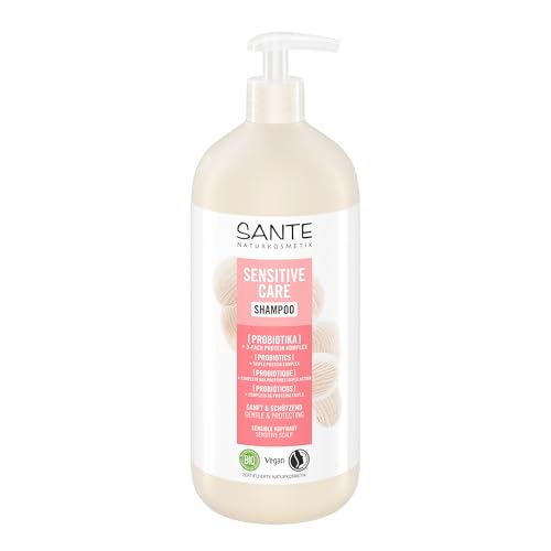 SANTE Naturkosmetik Sensitive Care Shampooing probiotiques + complexe triple protéines, shampoing végétalien avec pompe pour cheveux renforcés et plus d'hydratation, convient pour cuir chevelu