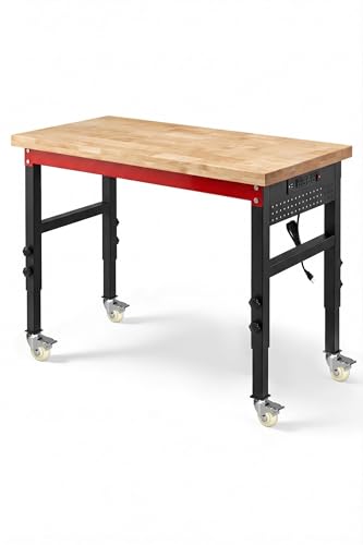 VekMax 48 Heavy Duty Workbench 2500 LBS Load Capacity Work Bench with 1.2 Laminated Oak Wood Top & Reinforced Steel Frame Adjustable Height Work Table for Garage Workshop Office Home (Casters)