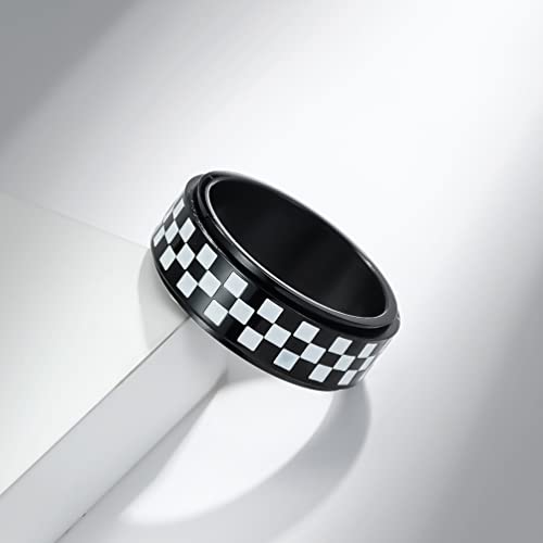 Vuzalrano 2Pcs 8Mm Unisex Comfort Fit Stainless Steel Wedding Band Black White Blocks Pattern Ring Checkerboard Checkered Flag Racing Spinner Ring Size10 #TOP5