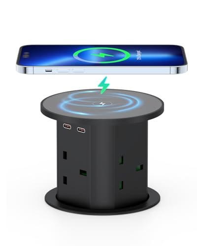 Pop Up Socket with 15W Wireless Charger Haylink Recessed Power Socket 4 UK Plug 3 USB Ports 2M Cable for Kitchen Office Desk Conference Room Black