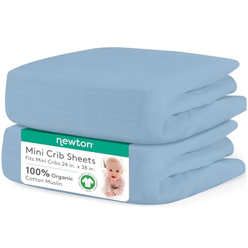 Image of Newton Baby Fitted Mini Crib Sheets (2-Pack) | Organic Muslin Cotton, Breathable & Soft Baby Sheets, Washable Baby Mattress Sheets, Fits Mini Crib Mattresses 24" x 38", Sky Blue