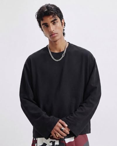 Image of Full Sleeve White & Black Cotton Oversized Solid Men's T-Shirt | Crew Neck Relaxed Fit Long Sleeve Tee | Breathable Winter Layering Essential | Sizes S to XL | TS115-BLK-S