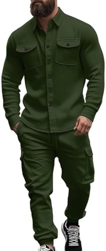 Men's Fleece Cargo Jacket Tracksuit Set 2 Pieces Solid