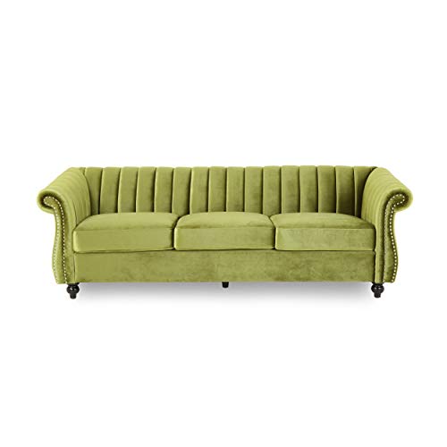 Great Deal Furniture Olga Modern Glam Velvet 3 Seater Sofa, Sage and Dark Brown