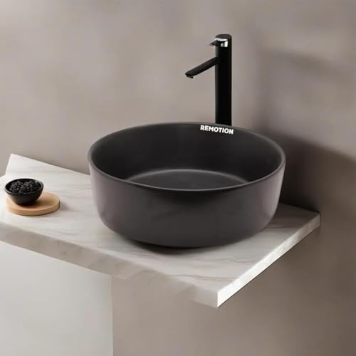 Image of REMOTION Round Countertop Wash Basin For Bathroom | Tabletop Ceramic Bathroom Sink | Wash Basin Over Counter | Wash Basin For Living Room, Resturent (12.5 x 12.5 x 5 Inch) (Matte Black)