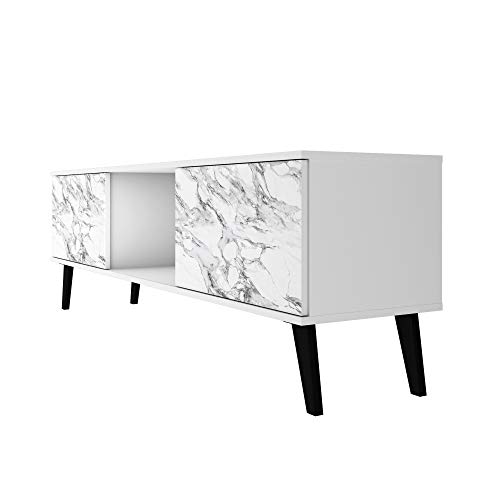 Manhattan Comfort Doyers Mid-Century Modern Living Room Tv Stand, 62.20", 62.20 Inch Wide, White/Marble Stamp #TOP6