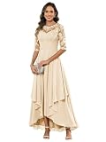 HANVAIOS Lace Applique Mother of The Groom Dresses for Wedding Champagne Pleated Chiffon Mother Bride Gown with Sleeves Size 10