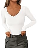 PRETTYGARDEN Long Sleeve Shirts for Women 2026 Fall Fashion V Neck Going Out Tops Slim Fit Basic Tees Y2K Clothes (White,Small)