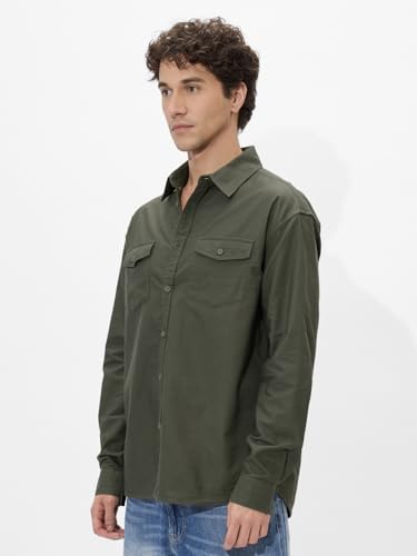Image of The Souled Store Solids Off White Long Sleeve Collared Cotton Utility Shirts for Mens & Boys- Regular Fit with Classic Style