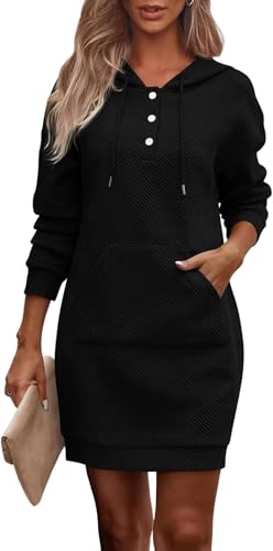 TrendiMax Damen Hoodie Kleid Herbst Übergangs Kapuzenpullover Sweatkleid Textur Knopf Langarm Sweatshirt Kleid mit Kapuze (M, Schwarz)