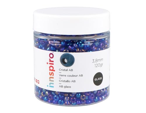 INNSPIRO Rocalla de vidrio redonda aurora boreale azul marino 3,8mm. 120gr. Bote. Para crear pulseras y collares, ideal para manualidades y joyas con niños. Cuentas semilla.