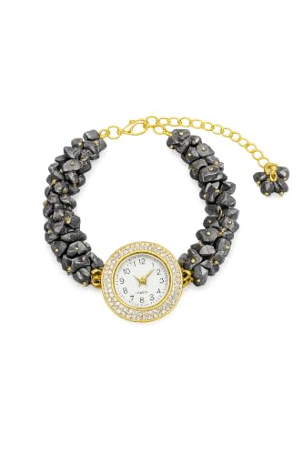 Image of ARKN Crystal Bracelet Watch for Women | Natural Gemstone Beaded Wrist Watch | Gold-Tone Dial with Rhinestone Bezel | Adjustable Fashion Jewellery Gift for Women & Girls