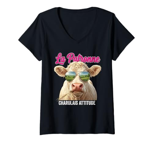 Femme Patronne Charolais Élevage Bovin Éleveur Agriculteur T-Shirt avec Col en V
