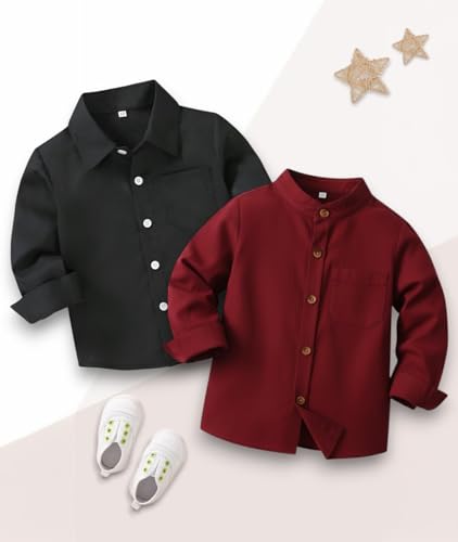 Image of Boys Shirt, Black and White Plaid and Light Blue Solid, Long Sleeve Button-Up, 2 Pack