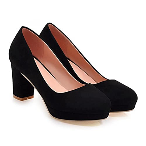 Women's Round Toe Platform Chunky High Block Heel Pumps Suede Slip-On Casual Work Office Dress Shoes2