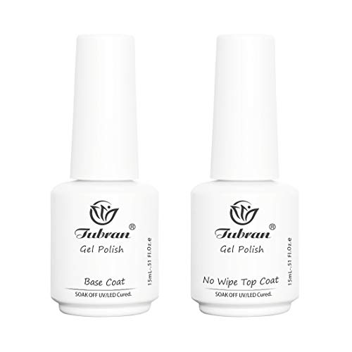 Tubran No Wipe Gel Top Coat and Base Coat Set - Shine Finish and Long Lasting,Soak Off UV LED Gel Nail Lacquer - 2 x 15ml