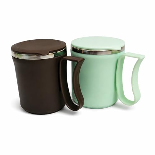 Image of Insulated Stainless Steel Coffee Mug with Lid, 300ml, Double Wall, Reusable Travel Mug for Home & Office (Brown - Pastel Green)