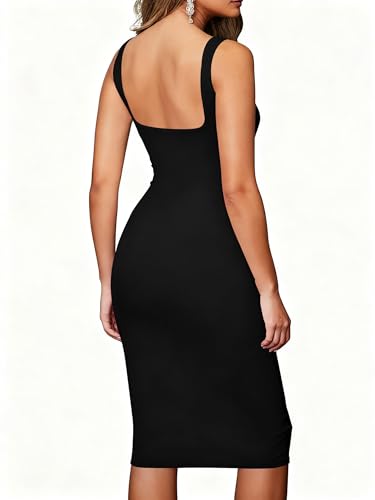 Image of TOPSRANI Women Sexy Midi Dress Bodycon Casual Sleeveless Basic Ruched Tank Summer Club Party Dresses