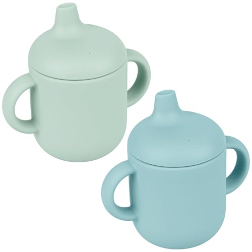 Nothomme Silicone Baby Drinking Cups - Sippy Cups for 6-12 Months Toddlers - Pack of 2 Food Grade Training Cups with Lids & Grip Handle for Baby Led Weaning 6 oz (Glacier/Plume)
