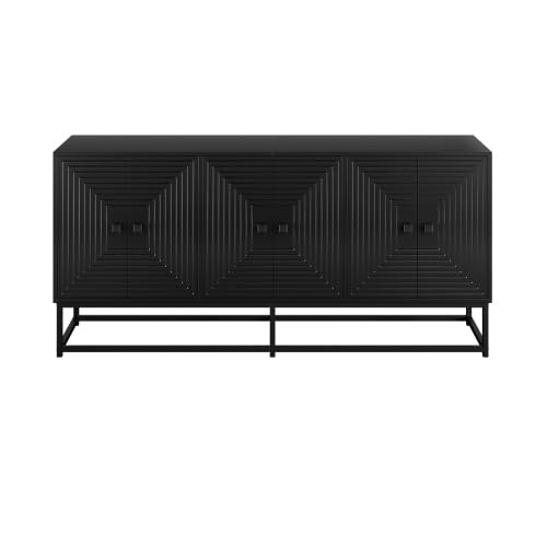 vutizal Sideboard Schwarz Matt 160cm, Aufbewahrungsschrank Modern mit Relief-Design, 3-türige Kommode offen für Wohnzimmer Arbeitszimmer, 160x38x75.5 cm