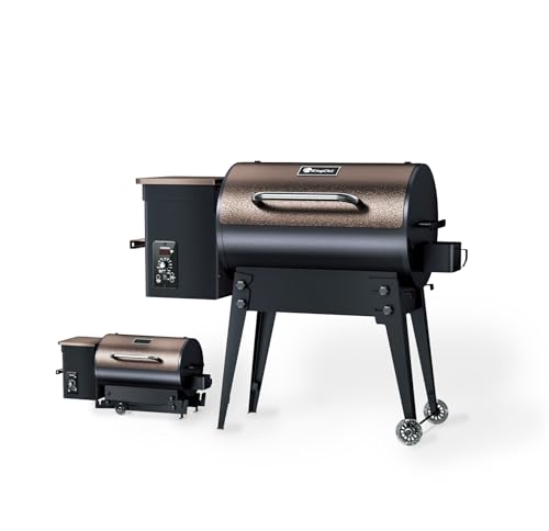 KingChii 2023 Upgrade Portable Wood Pellet Grill Multifunctional 8-in-1 BBQ Grill with Automatic Temperature Control Foldable Leg for Backyard Camping Cooking Bake and Roast, 456 sq in Bronze