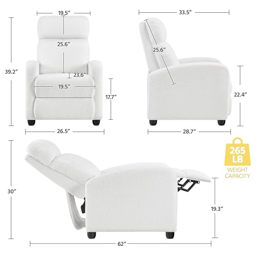 Yaheetech Boucle Recliner Chair Single Sofa Home Theater Seating Adjustable Modern Single Reclining Chair for Living Room Bedroom Home Theater White