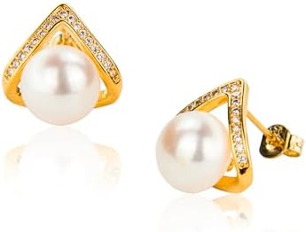 Silver Gold Freshwater Pearl Stud Earrings for Women Daily – Hypoallergenic 18K Gold Plated Sterling Silver for Mother, Wife, Brides