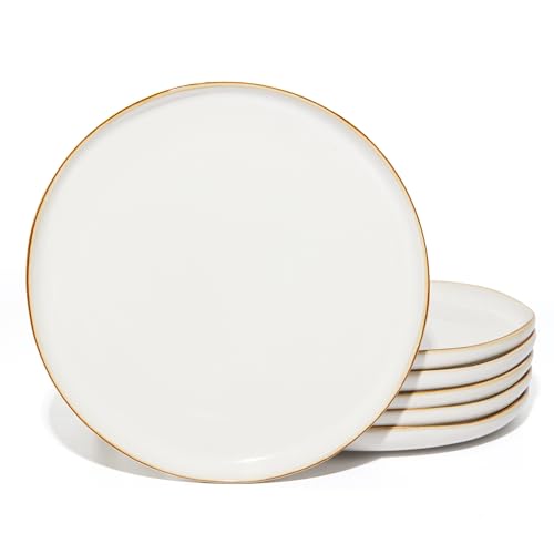 Image of Pokini 10 Inch Ceramic Dinner Plates Set of 6, Wavy Rim Stoneware Plates | Reactive Glaze Plate Set, Microwave & Dishwasher Safe, Scratch Resistant, Ideal for Steak, Pizza, Lunch, Serving, White