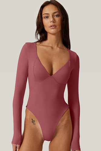 Image of QINSEN Women's Long Sleeve Bodysuit V Neck Body Suits Seamed Cup Going Out Tops Shirt