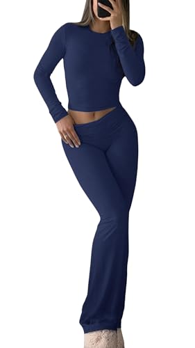 Image of YETOWA Y2K 2 Piece Outfits Tummy Control Long Sleeve Crop Top High Waisted Flare Pants Soft Knit Lounge Set