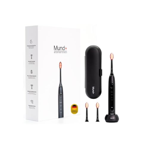 Mundplus One Spazzolino elettrico con tecnologia Redlight, spazzolino sonico (luce rossa) con 2 accessori, Travelbox e stazione di ricarica in nero