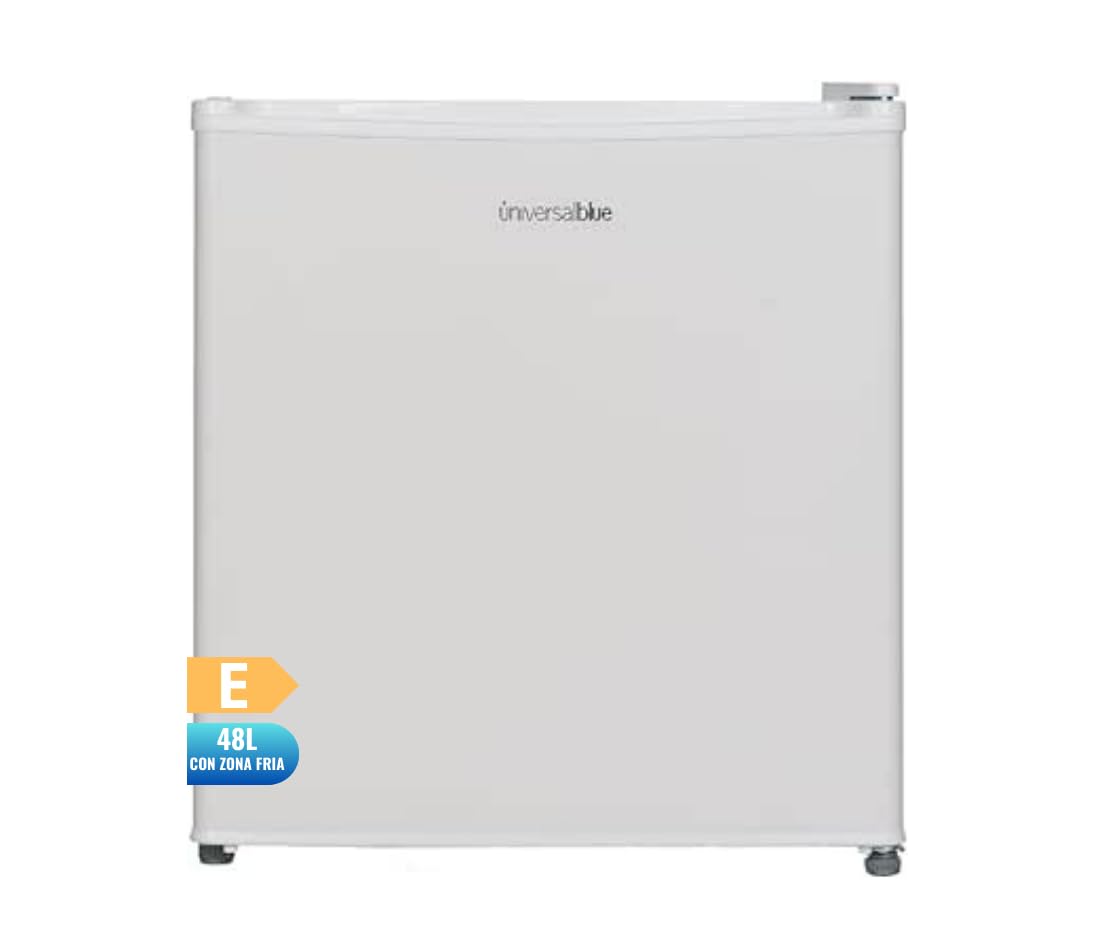UNIVERSALBLUE | Minibar Blanco 48L | Incluye Zona Fría 0 a -3ºC | Sistema Silencioso | Control Mecánico | Bajo Consumo | Puerta Reversible | 1 estante y 2 cestas