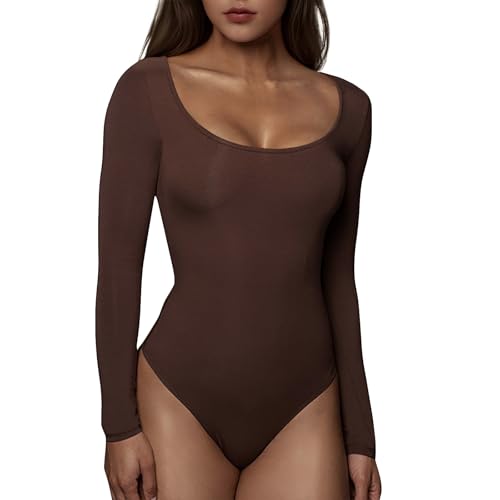 RoomTour Body Damen Elegant Langarm Bodys for damen Bodysuit Tops for damen Stringbody 1-Braun L