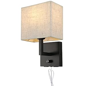 Bedside Wall Mount Light with Dimmer Switch and Two USB Charging Port, Fabric Linen Shade Wall Sconces Light with Plug in Cord, Black Wall Lamp Perfect for Bedroom, Living Room and Hotel