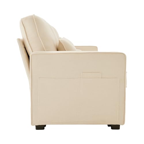 SOFTWEARY Big-Sofa mit Zwischentisch, Getränkehaltern und USB-Anschlüssen, inkl. Loser Zier- und Rückenkissen, Leinen Bezug (beige mit Zwischentisch)