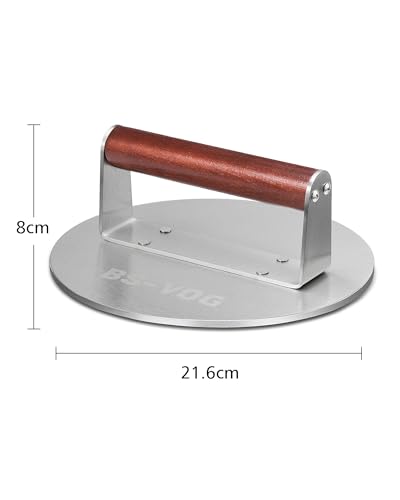 Miniatura 6 de Bs-Vog 21,6 Cm Prensa Hamburguesas, 1,15 Kg De Peso Con Mango De Madera, Smashed Burger En Acero Inoxidable Para Carne, Patty, Steak, Bacon, Salchicha, Accesorios De Parrilla Profesional
