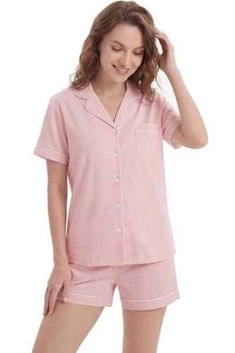 Image of LUBOT 100% Cotton Pajamas for Women 2 Piece PJ Set Button-Down Soft Knit Short Sleeve Summer Sleepwear Loungewear XS-XXL