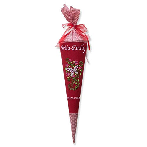 Schultüte aus Stoff 70 cm Schmetterling lila Flieder mit Namen Bestickt rot