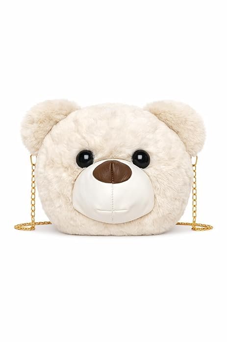 shopvexa Cute Teddy Bear Sling Bag For Girls And Women | Ultra Soft Plush Fur Crossbody Purse With Gold Chain Strap | Stylish Cartoon Shoulder Handbag For Travel Party Shopping Casual Daily Fashion Use | White-picture-47
