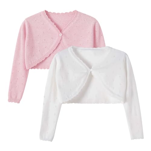 Image of Girls Cardigan, Girls Bolero Shrug Sweater, Kids Knit Hollow Out Long Sleeve, Button Cover Up Cropped Tops