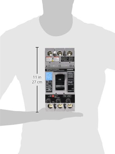 Image showing the Siemens FXD63B175 circuit breaker next to a hand for scale, with dimensions of 11 inches (27 cm) indicated.